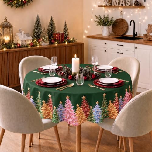 NOVILYS Green Christmas Round Tablecloth Xmas Tree Holiday Decor
