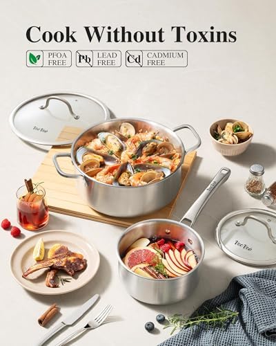 Stainless Steel Cookware Set,Tir-Ply Pots and Pans Set,10 Pcs Stainless Steel Induction Kitchen Cookware Sets,PFOA Free, Frying Pans, Butter warmer,Saute Pan & Stock Pot,Compatible with All Cooktops