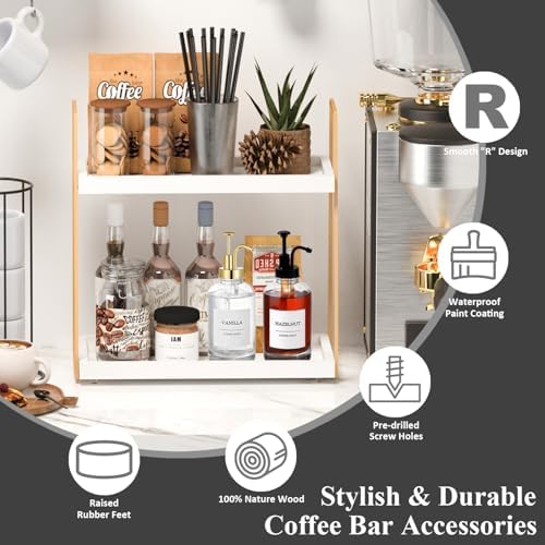 Coffee Bar Organizer for Countertop, 2-Tier Wooden Shelf