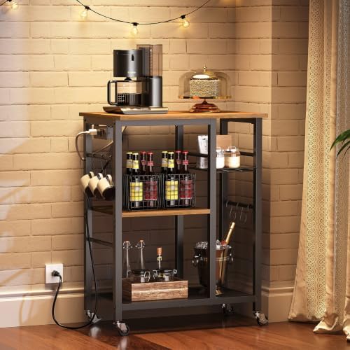 YATINEY Movable Bakers Rack with Charging Station, Rustic Brown