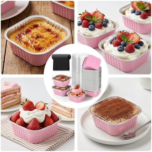 60 Pack 5oz Mini Cake Pans with Lids Aluminum Foil Square Baking Cups