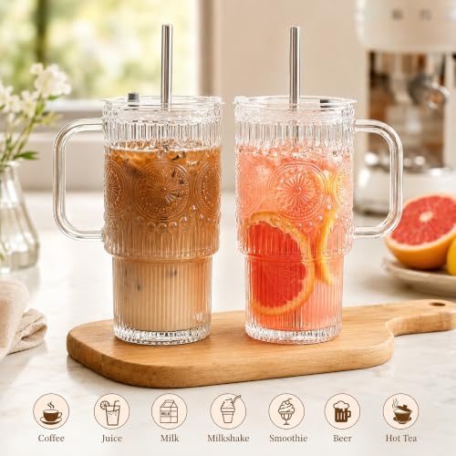Small Capacity Thick Romantic Glass Cups with Lids and Straws, Vintage