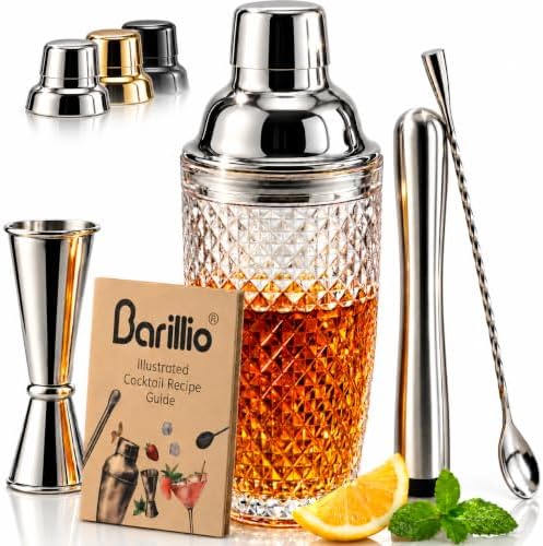 Barillio Glass Cocktail Shaker Set | 14 oz Cobbler Mixer with Bar