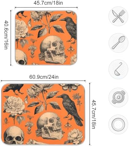 OTVEE Skull Floral Fantasy Dish Drying Mat for Kitchen Counter