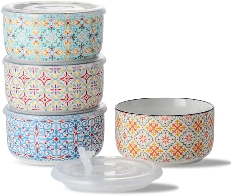 Ceramic Bowls Set with Lid, Microwave Safe, Set of 4