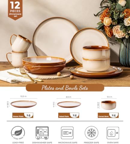 LeRatio Ceramic Dinnerware Sets for 4,12Pcs Porcelain Plates and Bowls