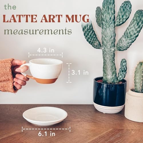MORA Ceramic Latte Art Mug With Saucer - 10.5 oz, Round Bottom For