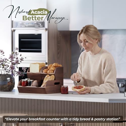Acacia Wood Pantry Storage Bins - Stackable Open Front Kitchen Baskets