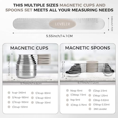 HOUJIP Magnetic Measuring Cups and Spoons Set of 16 with 2-IN-1