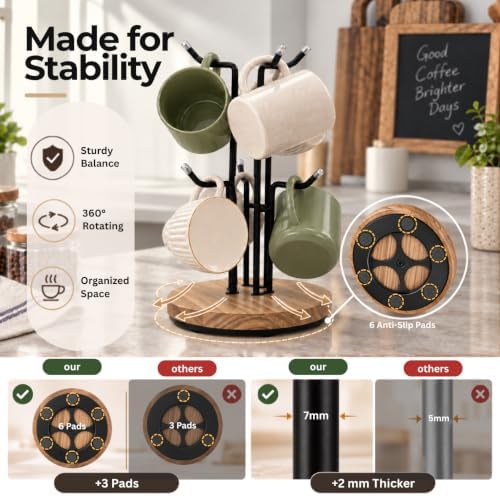 360° Rotating Mug Holder, 6-Hook Coffee Mug Tree w/Wood Base for Large