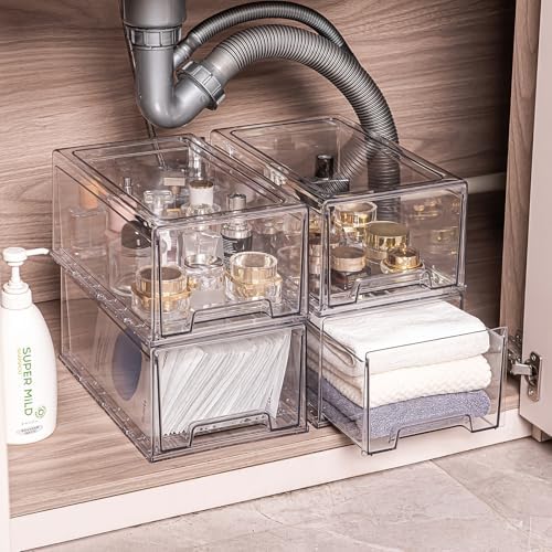 Clear Stackable Storage Drawers 2 Pack XL, BPA-Free Plastic Pull Out
