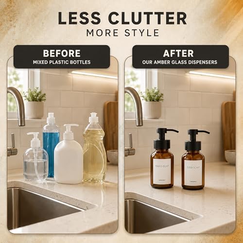 Amber Glass Foaming Soap Dispenser, 2 Pack, 8.5 Oz, Refillable