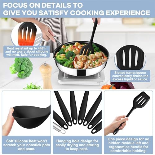 TeamFar 8-Piece Silicone Cooking Utensils Set, Black