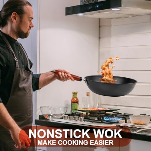 Wok, 13" Carbon Steel Woks & Stir-Fry Pans Nonstick with Glass Lid