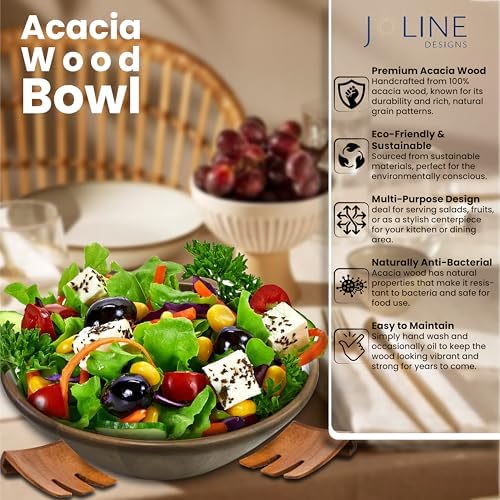Acacia Wood Salad Serving Bowl Set – Large Wooden Bowl with Forks for