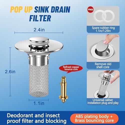 Vakabiu Pop-Up Bathroom Sink Drain Strainer, 2PCS