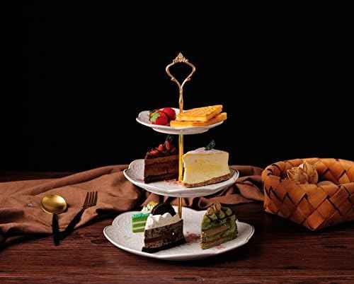 Jusalpha Embossed 3-tier Ceramic Cake Stand- Cupcake Stand with Golden
