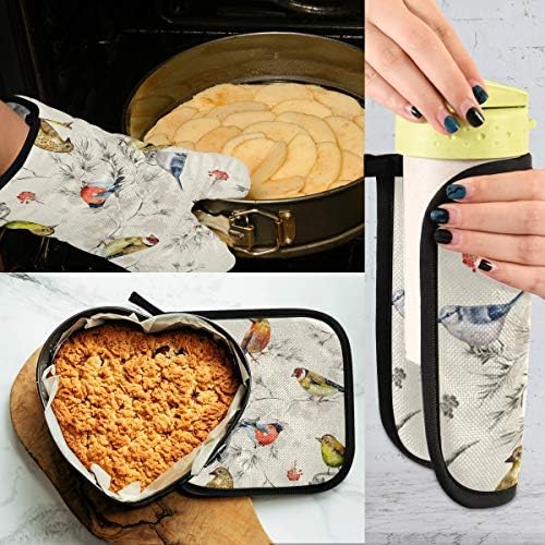 QMXO Retro Spring Summer Birds Oven Mitts Quilted Cotton Lining