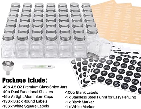 MIUKAA Spice Jars with 372 Labels, 49 Pcs 4.5 oz Glass Seasoning