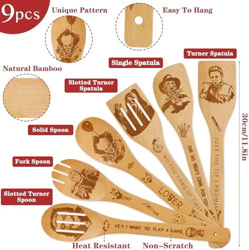 Horror Merch,9Pcs Bamboo Cooking Utensils Set,Spoons with Apron Oven