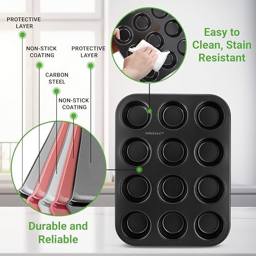 NutriChef Muffin Pans for Baking 2-Pack | Nonstick 12 Mold Cupcake
