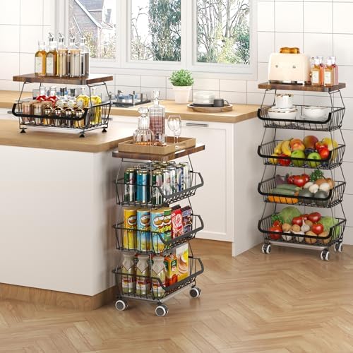 CHLORYARD Fruit Basket with Wooden Lid for Kitchen, 4-Tier Stackable