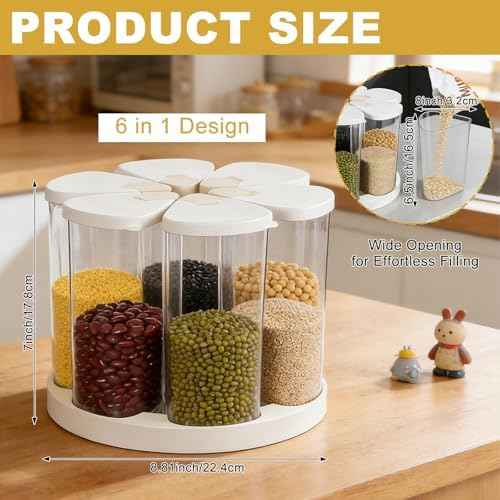 5-10 lbs Rice Dispenser 6 Grids 360° Rotating Cereal Dispenser Countertop BPA-Free PET Grain and Rice Storage Container with Lids Dry Food Dispenser Grain Canister Sets for Oats Flour Corn Flakes