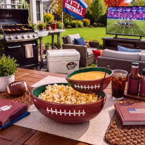 Domensi Ceramics 2 Tier Football Chip and Dip Bowl Serving Set with Stand