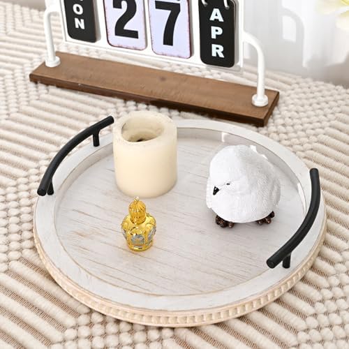 SwallowLiving White Wooden Beaded Serving Tray with Handle Decorative