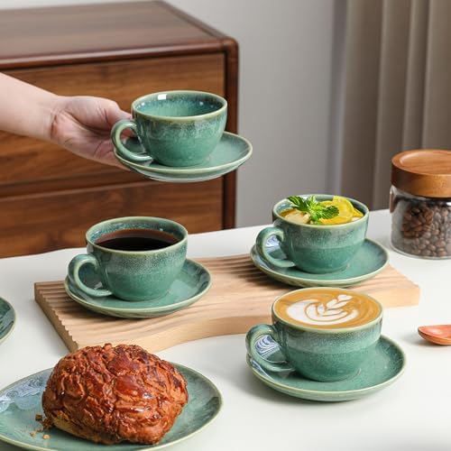 Henten Home Ceramic Latte Cups with Saucers, Coffee Cup Set of 4
