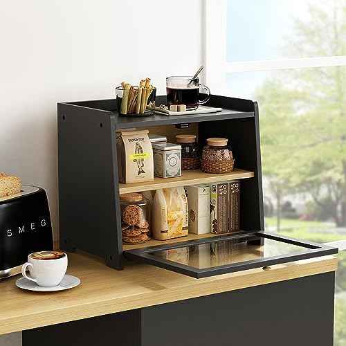 Goozii Bread Box for Kitchen Countertop, 2 Tier Large Breadbox Modern Black