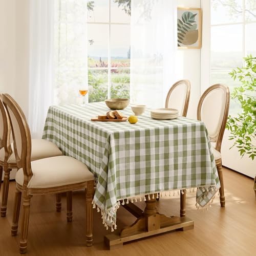 Softalker Gingham Rectangle Tablecloth with Tassel, Sage Green, 55" x