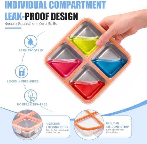 4 Pack Stainless Steel Snack containers, Leak-Proof, 4 Compartments, 3
