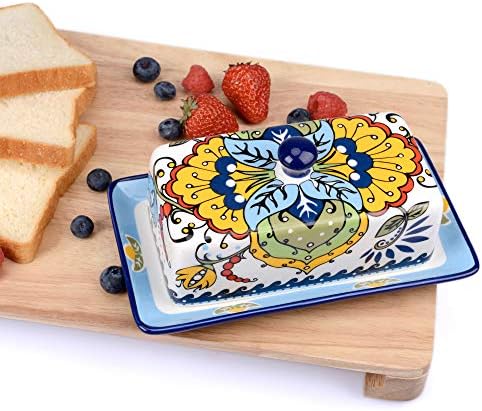 NAGU Hand Drawn Ceramic Butter Dish with Lid, Farmhouse Butter Plate