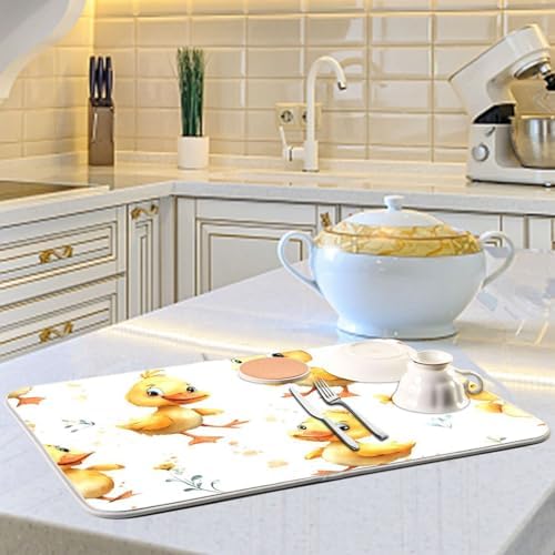 OTVEE Watercolor Duckling Art Dish Drying Mat for Kitchen Counter