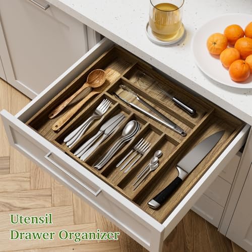 Kiasthome Acacia Wood Kitchen Silverware Drawer Organizer, Expandable