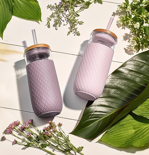 Ello Devon 18oz Glass Tumbler with Straw & Bamboo Lid for Iced Coffee
