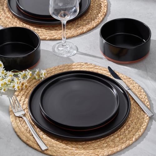 LIANYU 12 Pieces Porcelain Dinnerware Set, Dishes Set for 4, Charcoal