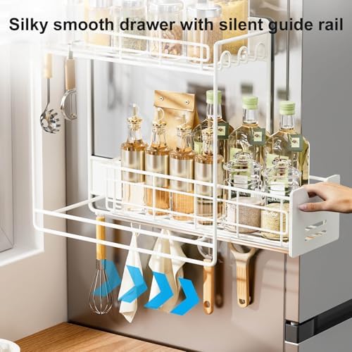 Magnetic Refrigerator Shelf with Sliding Shelf, White, 5 Hooks