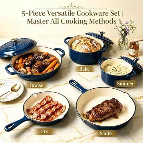QuliMetal 5-Piece Navy Blue Enameled Cast Iron Cookware Set