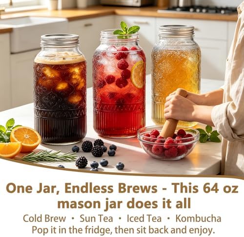 64oz Glass Mason Jars 1-Pack with Airtight Metal Split & Extra Plastic