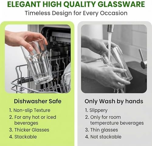 Mapoxy 16oz Highball Glasses Set of 6, Thick Lead-Free Glass Tumblers