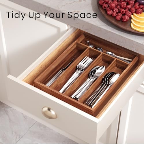 Fibogollo Acacia Wood Silverware Organizer, 5 Slots