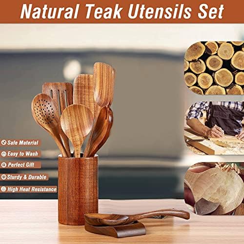 9 PCS Wooden Spoons for Cooking, Utensils With Holder, Teak Kitchen