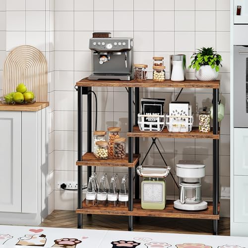 HOOBRO Bakers Rack with Power Outlet, Rustic Brown and Black