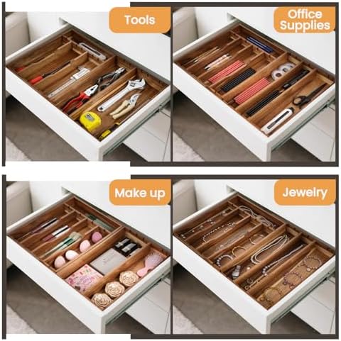 Acacia Wood Silverware Drawer Organizer, 21 Inch Adjustable Cutlery
