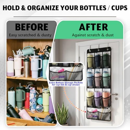 Water Bottle Organizer, 9+2 Pockets, Over Door Tumbler Holder