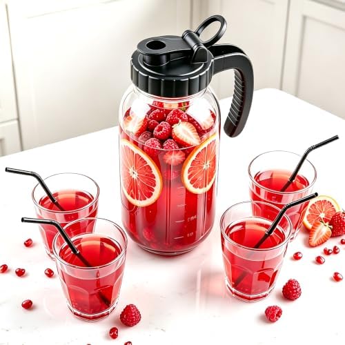 Glass Pitcher With Pour Spout Lid 64 OZ Wide Mouth Mason Jar Pitcher
