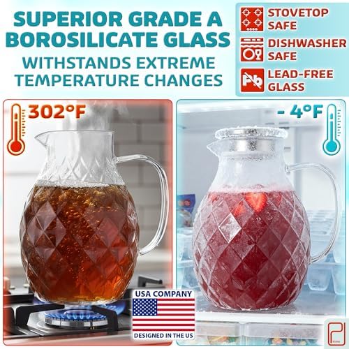 Borosilicate Glass Pitcher with Lid & Spout - 2 L / 68 oz Water Jug