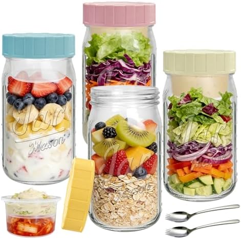 Accguan 32oz Salad Container for Lunch Meal Prep, Mason Jars 4 Pack